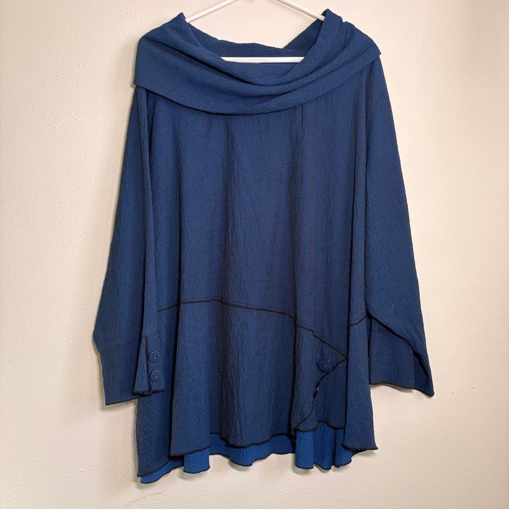 Ali Miles Blue Cowl Neck Poncho Top Size 3X Lagenlook Flowy Crinckle